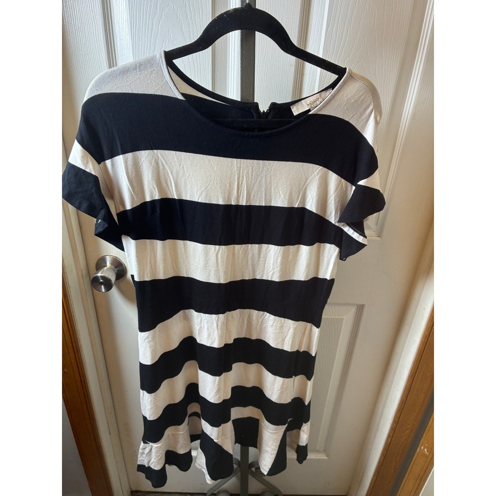 LOFT Petites Black White Striped Ruffle Hem Fit Flare Dress 12P Short Sleeve